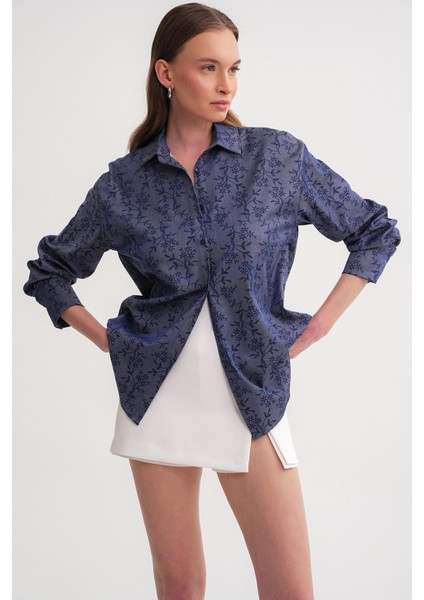 4675 Kadın Çiçek Baskılı Gömlek Indigo