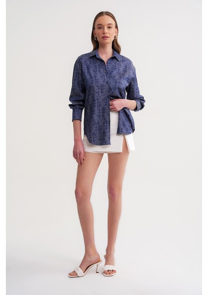 4675 Kadın Çiçek Baskılı Gömlek Indigo fiyatları