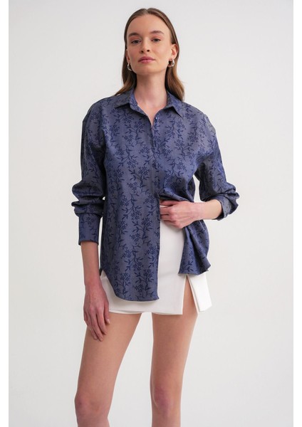 4675 Kadın Çiçek Baskılı Gömlek Indigo modelleri