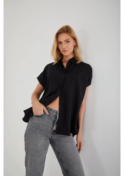 3967 Kadın Apoletli Kısa Kol Oversize Gömlek Siyah