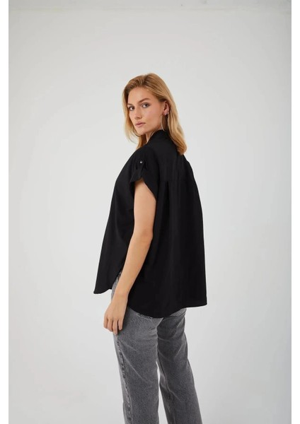 3967 Kadın Apoletli Kısa Kol Oversize Gömlek Siyah fiyatları