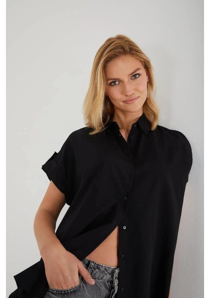3967 Kadın Apoletli Kısa Kol Oversize Gömlek Siyah modelleri