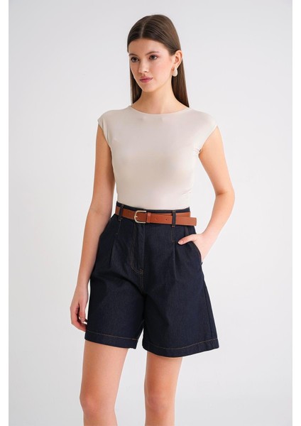 4693 Kadın Gold Kemerli Bermuda Denim Şort Lacivert