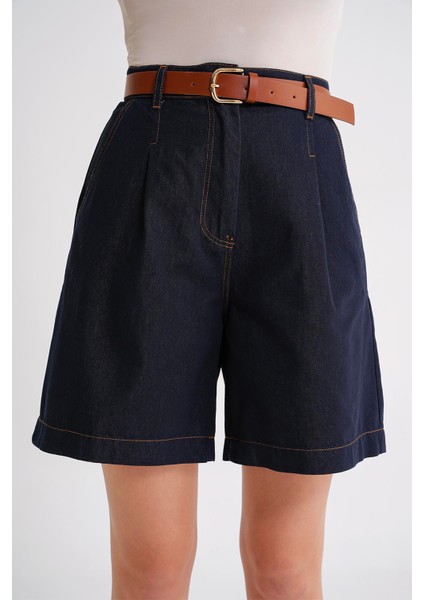4693 Kadın Gold Kemerli Bermuda Denim Şort Lacivert fırsatları