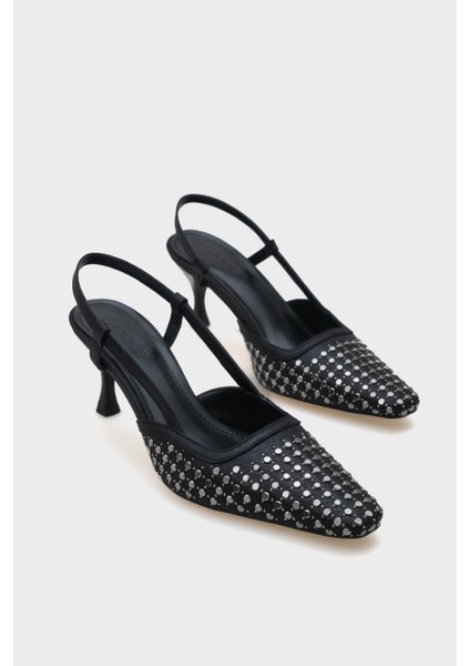 Arkası Açık Küt Burunlu Taşlı Orta Topuklu Kadın Ayakkabı