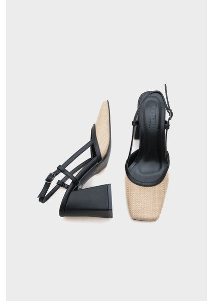 Arkası Açık Küt Burunlu Kalın Topuklu Hasır Kadın Ayakkabı