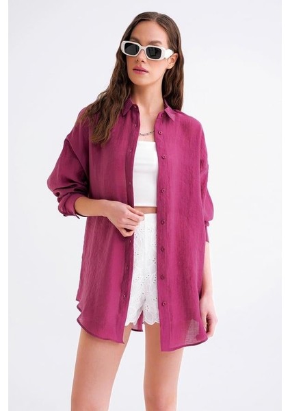 4667 Kadın Ince Oversize Modal Gömlek Bordo