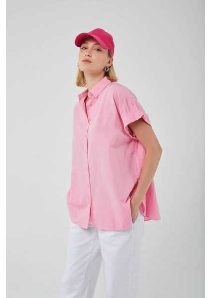 3967 Kadın Apoletli Kısa Kol Oversize Gömlek Şeker Pembe