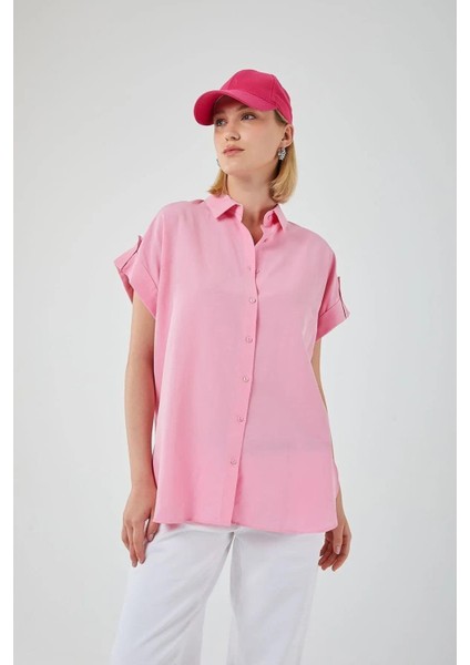 3967 Kadın Apoletli Kısa Kol Oversize Gömlek Şeker Pembe fiyatları