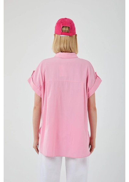3967 Kadın Apoletli Kısa Kol Oversize Gömlek Şeker Pembe fırsatları