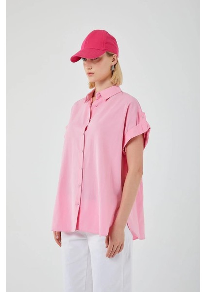 3967 Kadın Apoletli Kısa Kol Oversize Gömlek Şeker Pembe indirimleri