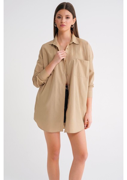 4053 Kadın Tek Cepli Oversize Basic Gömlek Bisküvi modelleri