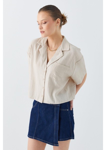 4556 Kadın Cepli Basic Crop Gömlek Taş modelleri