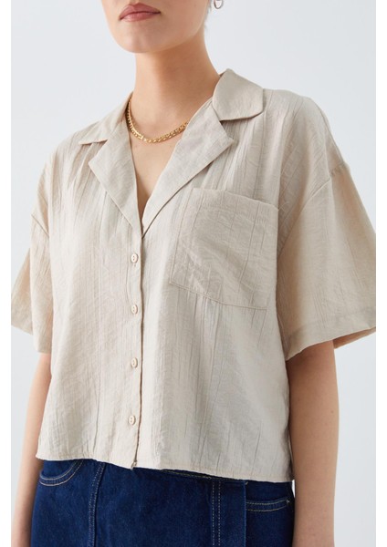 4556 Kadın Cepli Basic Crop Gömlek Taş fırsatları