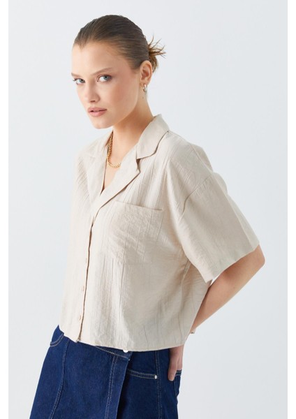 4556 Kadın Cepli Basic Crop Gömlek Taş indirimleri