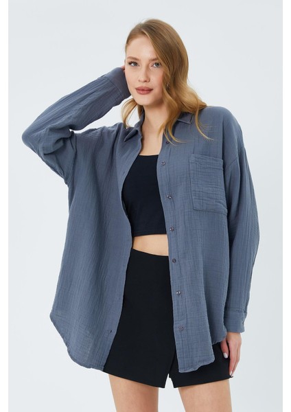 3833 Kadın Oversize Cepli Müslin Gömlek Antrasit