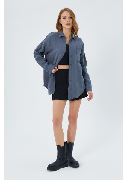 3833 Kadın Oversize Cepli Müslin Gömlek Antrasit fiyatları