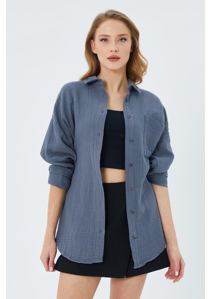 3833 Kadın Oversize Cepli Müslin Gömlek Antrasit modelleri
