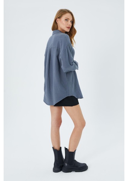 3833 Kadın Oversize Cepli Müslin Gömlek Antrasit indirimleri