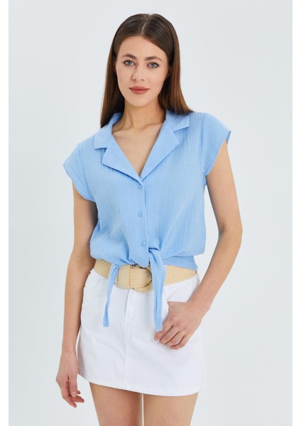 4555 Kadın Önü Bağlamalı Müslin Crop Gömlek Bebe Mavi