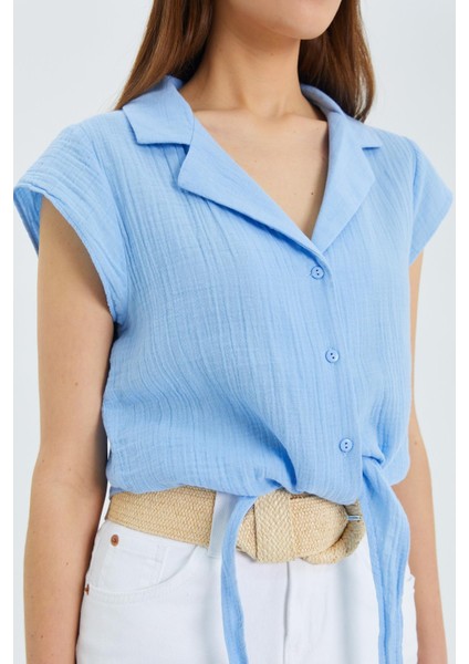 4555 Kadın Önü Bağlamalı Müslin Crop Gömlek Bebe Mavi fırsatları