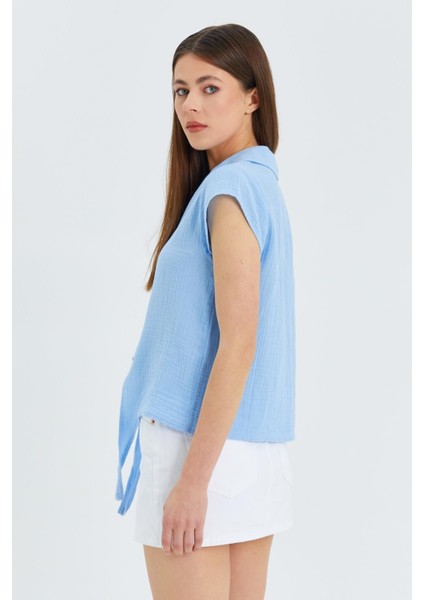 4555 Kadın Önü Bağlamalı Müslin Crop Gömlek Bebe Mavi indirimleri