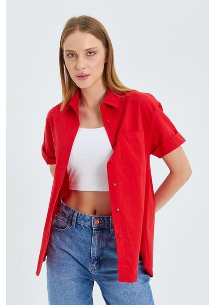 3950 Kadın Oxford Kısa Kollu Basic Gömlek Kırmızı