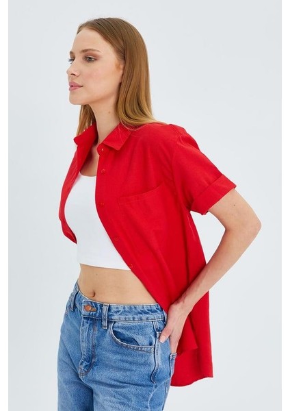 3950 Kadın Oxford Kısa Kollu Basic Gömlek Kırmızı modelleri