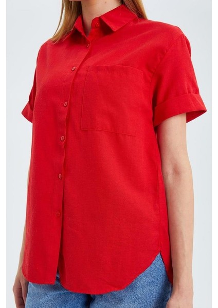 3950 Kadın Oxford Kısa Kollu Basic Gömlek Kırmızı fırsatları