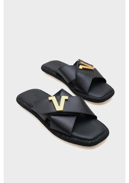 Kata Hakiki Deri Çapraz Bantlı V Tokalı Düz Topuklu Konfor Kadın Terlik