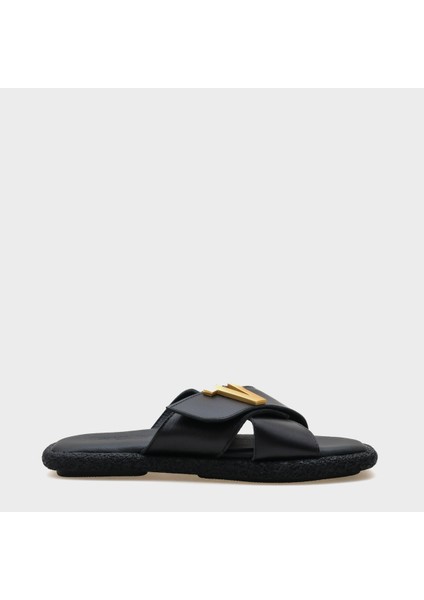 Kata Hakiki Deri Çapraz Bantlı V Tokalı Düz Topuklu Konfor Kadın Terlik