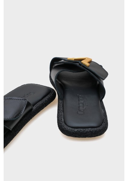 Kata Hakiki Deri Çapraz Bantlı V Tokalı Düz Topuklu Konfor Kadın Terlik