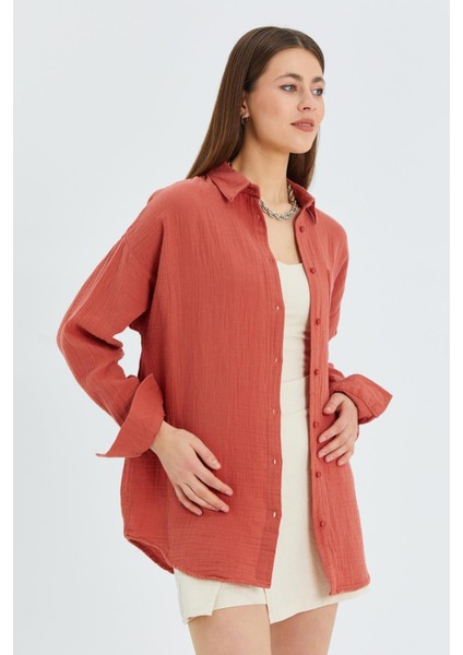 3833 Kadın Oversize Cepli Müslin Gömlek Kiremit