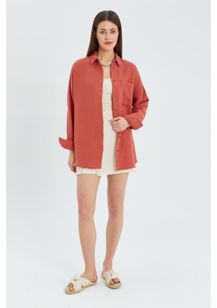 3833 Kadın Oversize Cepli Müslin Gömlek Kiremit indirimleri