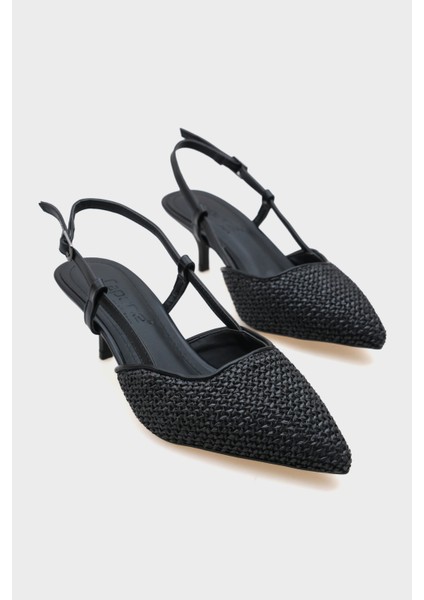 Ange Hasır Sivri Burunlu Orta Topuklu Arkası Bantlı Kadın Ayakkabı