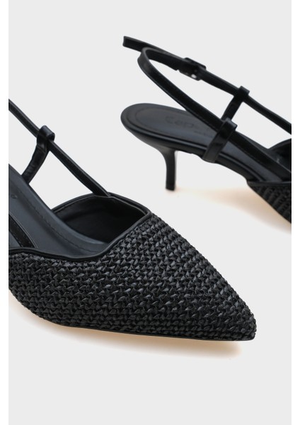 Ange Hasır Sivri Burunlu Orta Topuklu Arkası Bantlı Kadın Ayakkabı