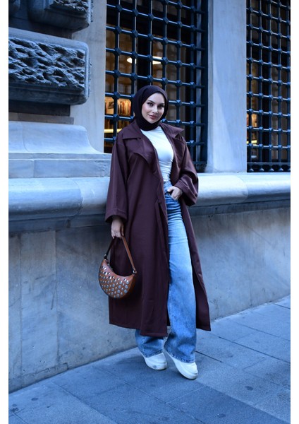 Kadın Tesettür Giyim Uyumlu Oversize Bağlamalı Trençkot | V Yaka | Kemer | Çift Cep | Uzun