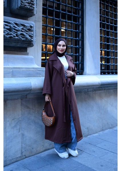 Kadın Tesettür Giyim Uyumlu Oversize Bağlamalı Trençkot | V Yaka | Kemer | Çift Cep | Uzun fiyatları