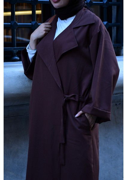 Kadın Tesettür Giyim Uyumlu Oversize Bağlamalı Trençkot | V Yaka | Kemer | Çift Cep | Uzun modelleri