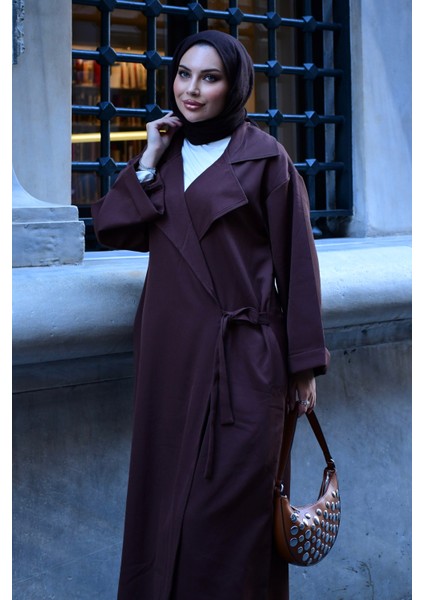 Kadın Tesettür Giyim Uyumlu Oversize Bağlamalı Trençkot | V Yaka | Kemer | Çift Cep | Uzun fırsatları