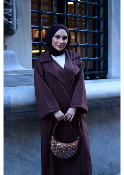 Kadın Tesettür Giyim Uyumlu Oversize Bağlamalı Trençkot | V Yaka | Kemer | Çift Cep | Uzun indirimleri