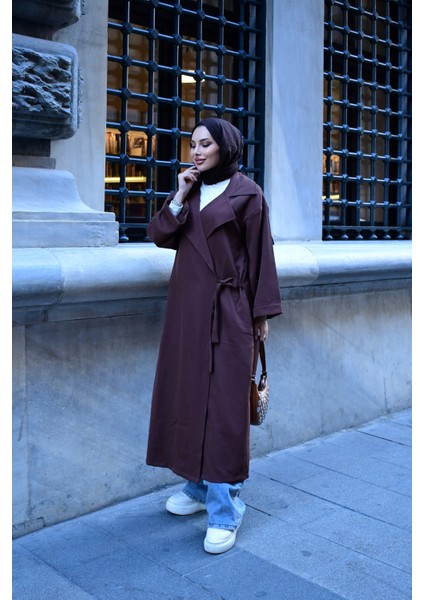 Kadın Tesettür Giyim Uyumlu Oversize Bağlamalı Trençkot | V Yaka | Kemer | Çift Cep | Uzun