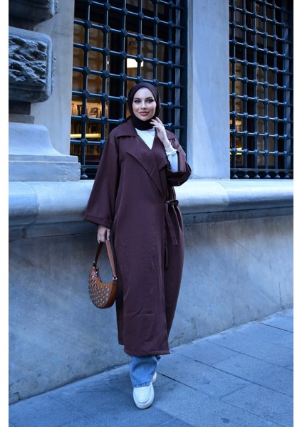 Kadın Tesettür Giyim Uyumlu Oversize Bağlamalı Trençkot | V Yaka | Kemer | Çift Cep | Uzun