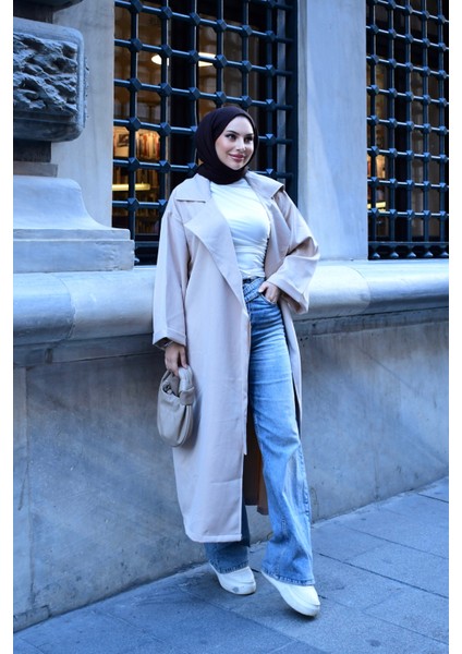 Kadın Tesettür Giyim Uyumlu Oversize Bağlamalı Trençkot | V Yaka | Kemer | Çift Cep | Uzun fiyatları