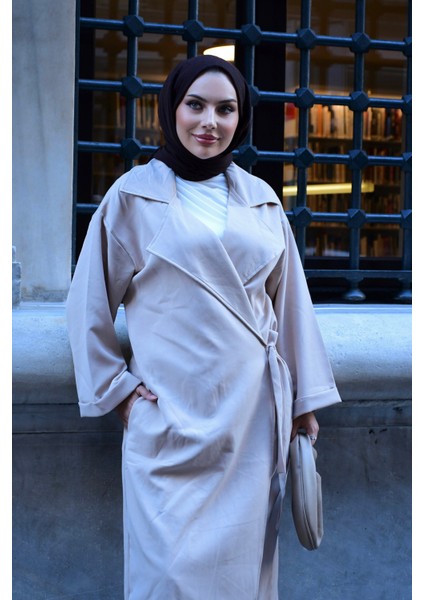 Kadın Tesettür Giyim Uyumlu Oversize Bağlamalı Trençkot | V Yaka | Kemer | Çift Cep | Uzun modelleri