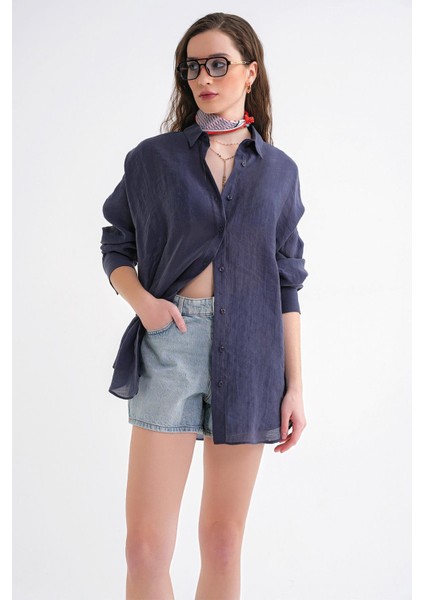 4667 Kadın Ince Oversize Modal Gömlek Lacivert fiyatları