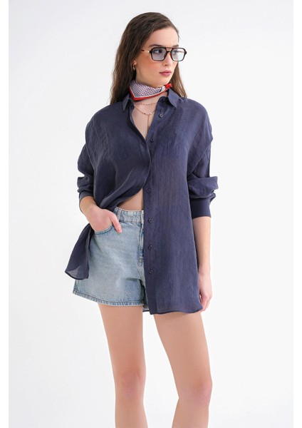 4667 Kadın Ince Oversize Modal Gömlek Lacivert modelleri