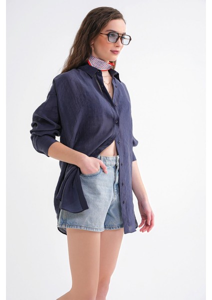 4667 Kadın Ince Oversize Modal Gömlek Lacivert fırsatları