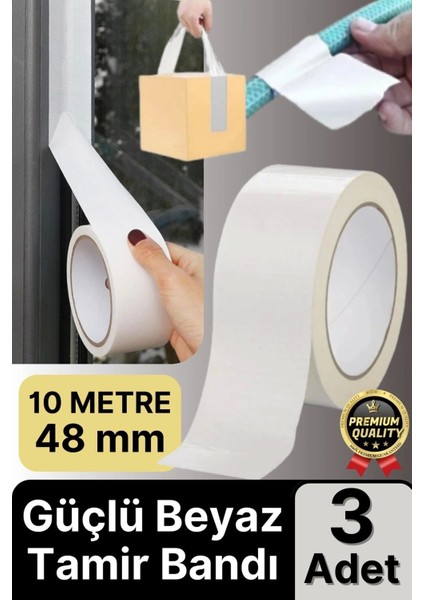 3 Adet Ekstra Güçlü Dayanıklı Su Geçirmez Sızdırmaz Yalıtım Izolasyon Beyaz Tamir Bandı 10 mt 48 mm