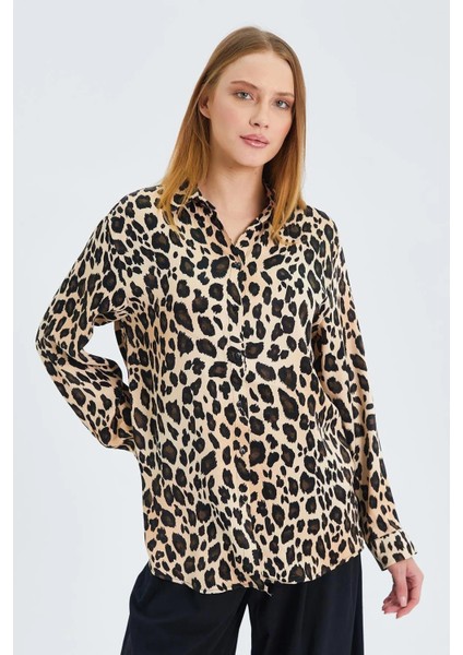 4106 Leopar Desen Saten Gömlek Bej modelleri